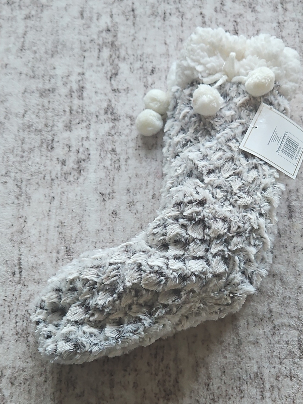 Luxe Plush Pom-Pom Kids Slipper Socks - Grey & White